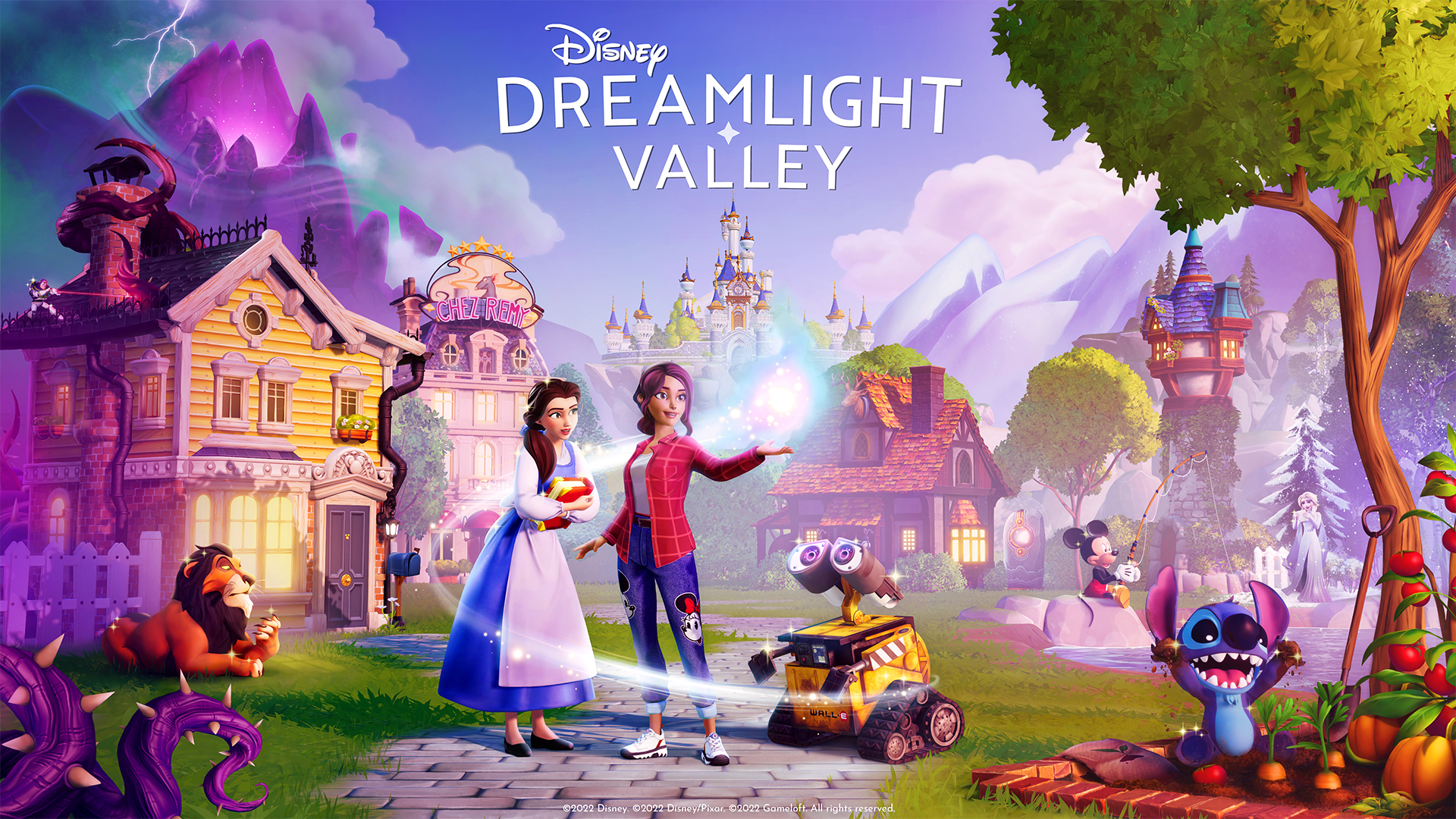 Official art for Disney Dreamlight Valley with characters Belle, Wall-E and an avatar in the foreground with the valley in the background.