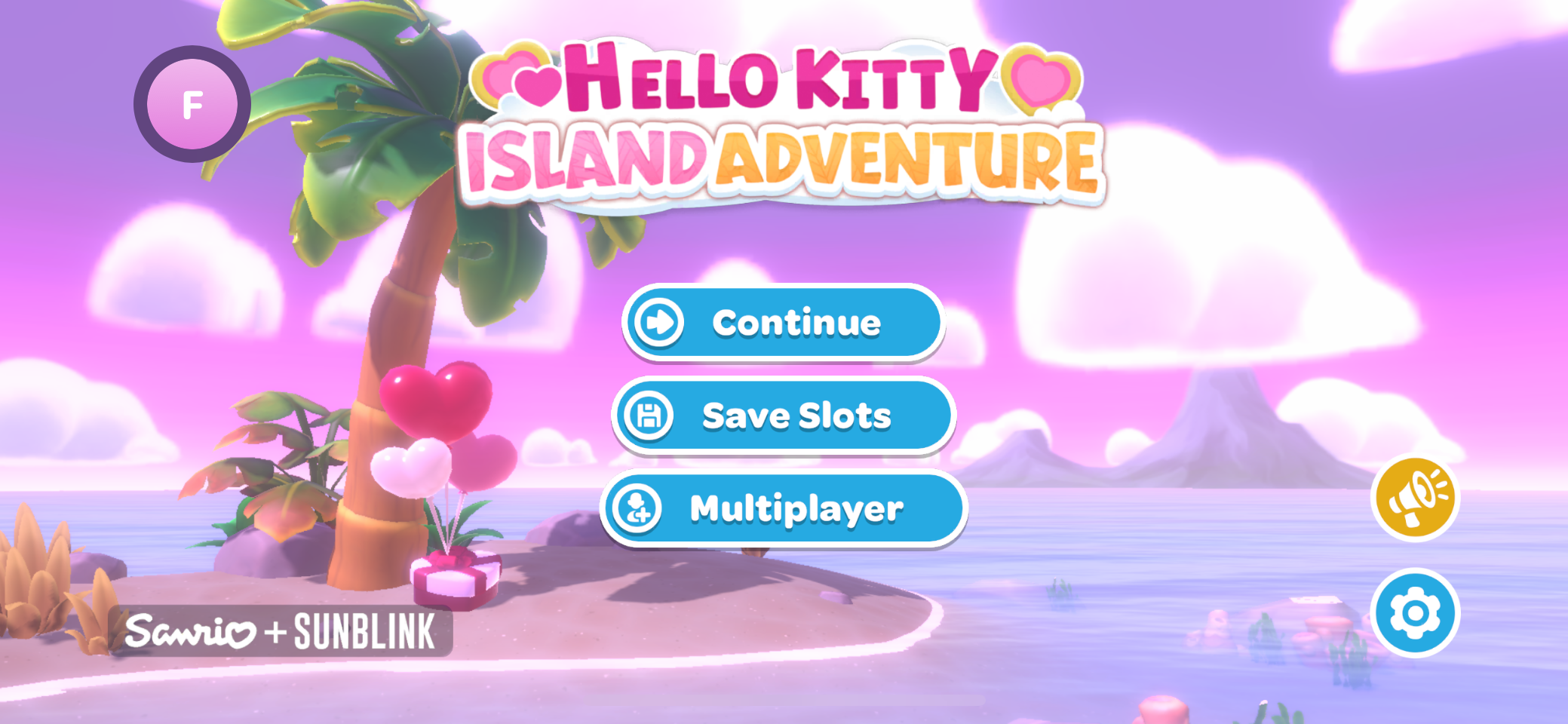 Hello Kitty Island Adventure screen showing options to continue, check save slots, or select multiplayer.