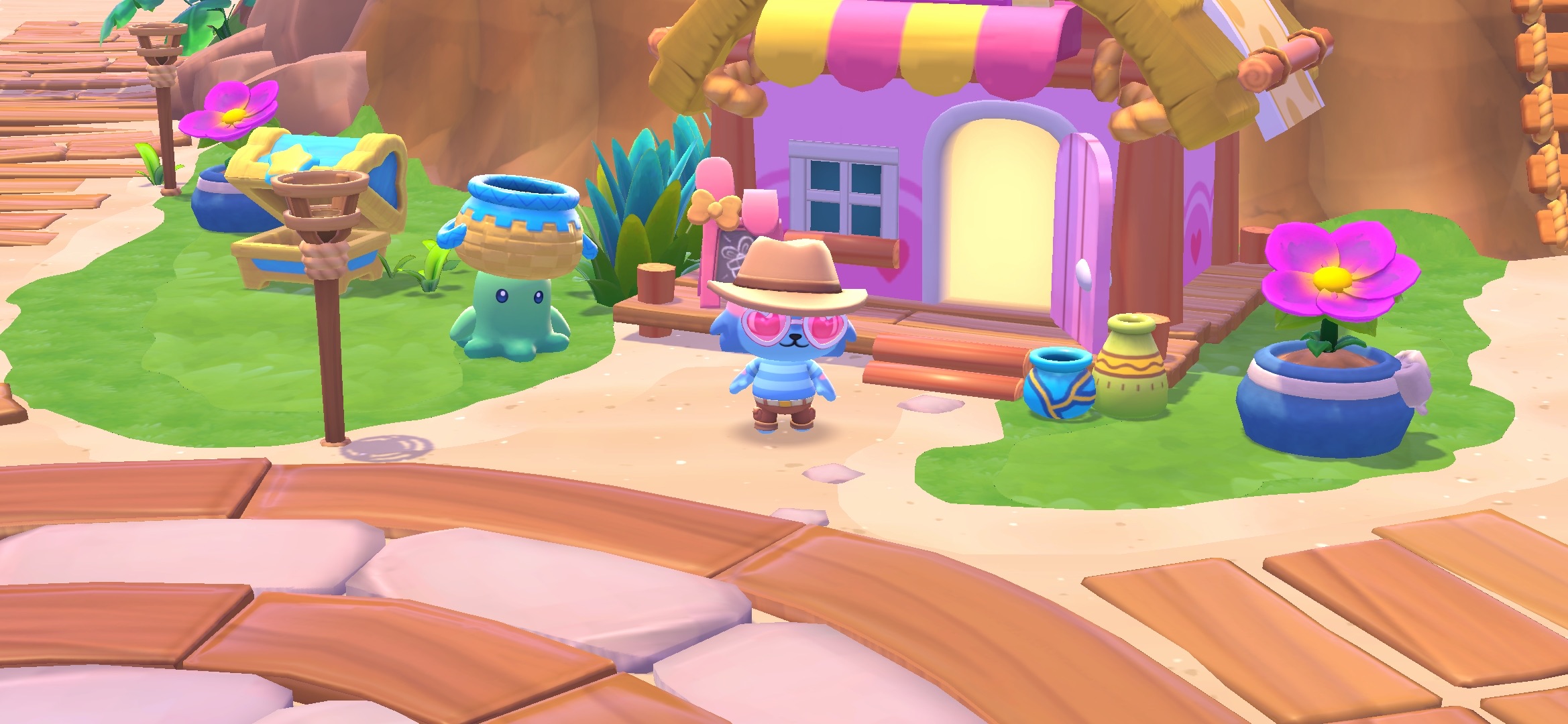 Hello Kitty Island Adventure My Melody shop with an avatar standing outside in front of the shop.