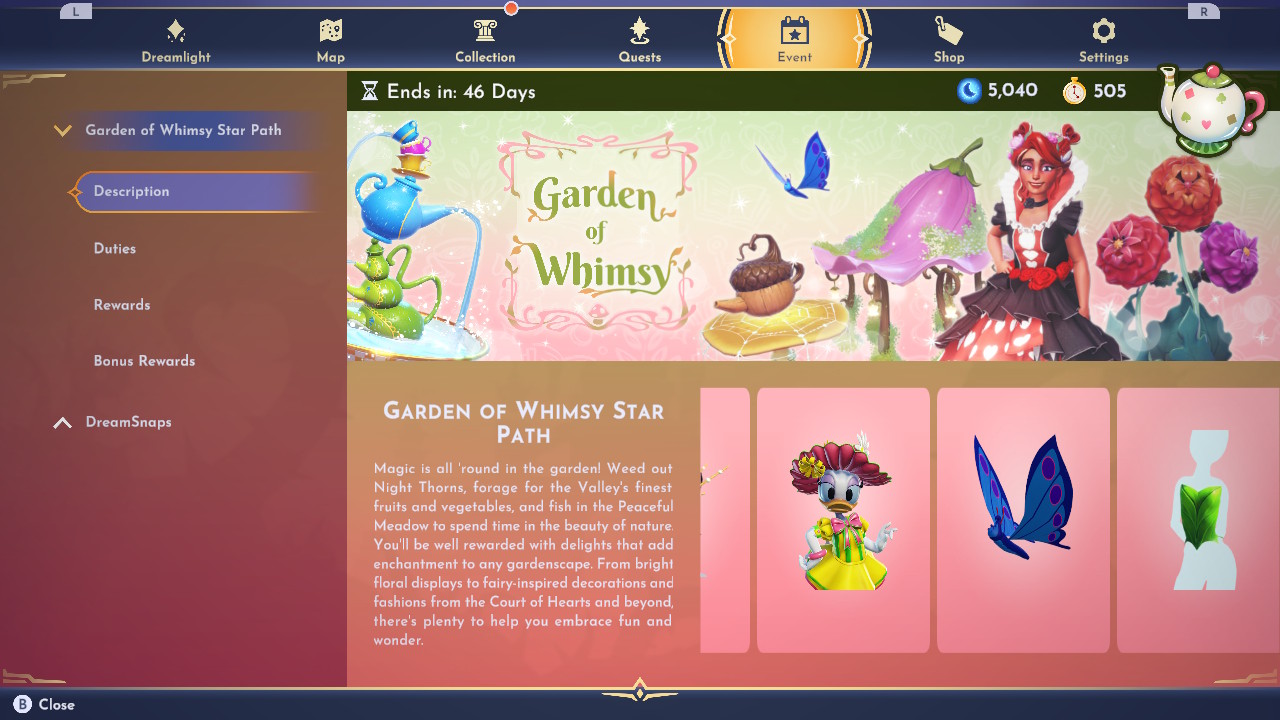 Disney Dreamlight Valley Garden of Whimsy Star Path event in the in-game menu.