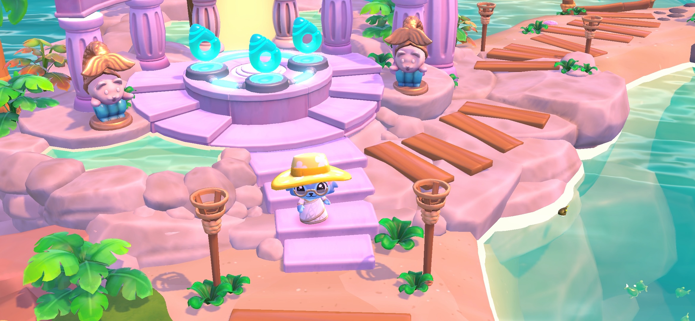 Hello Kitty Island Adventure avatar in a dress and yellow sunhat standing in front of the Mermaidifier.