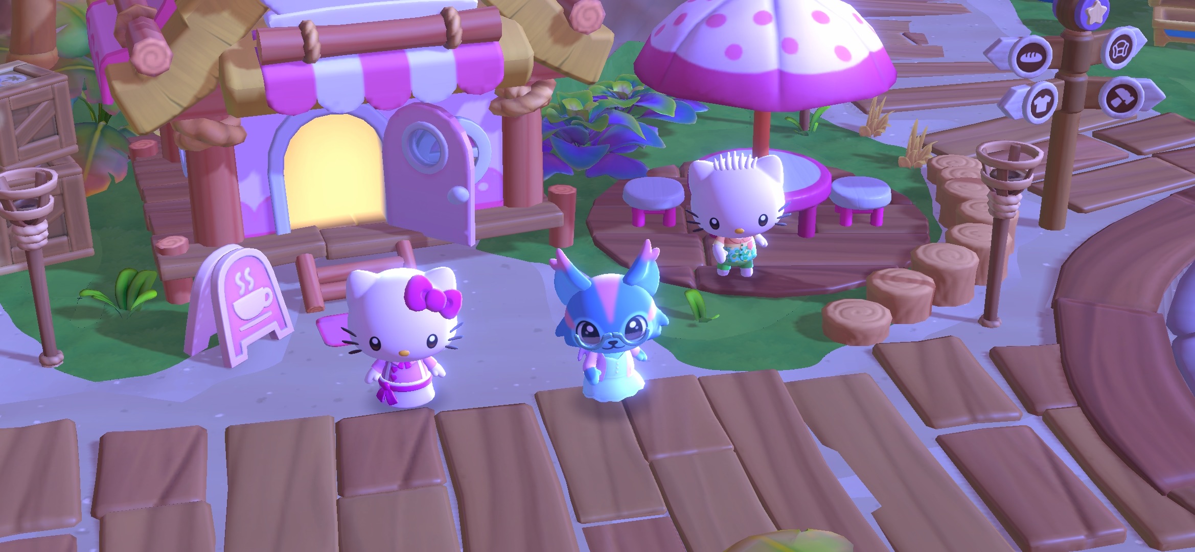 Hello Kitty Island Adventure avatar standing with Hello Kitty on the left side of the image, and Dear Daniel on the right side of the image. Hello Kitty Café can be seen in the background.