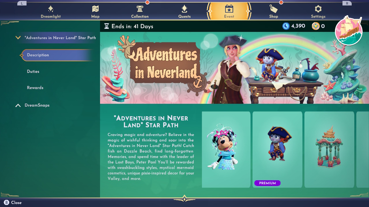 Disney Dreamlight Valley Adventures In Neverland Star Path description section of the main menu.