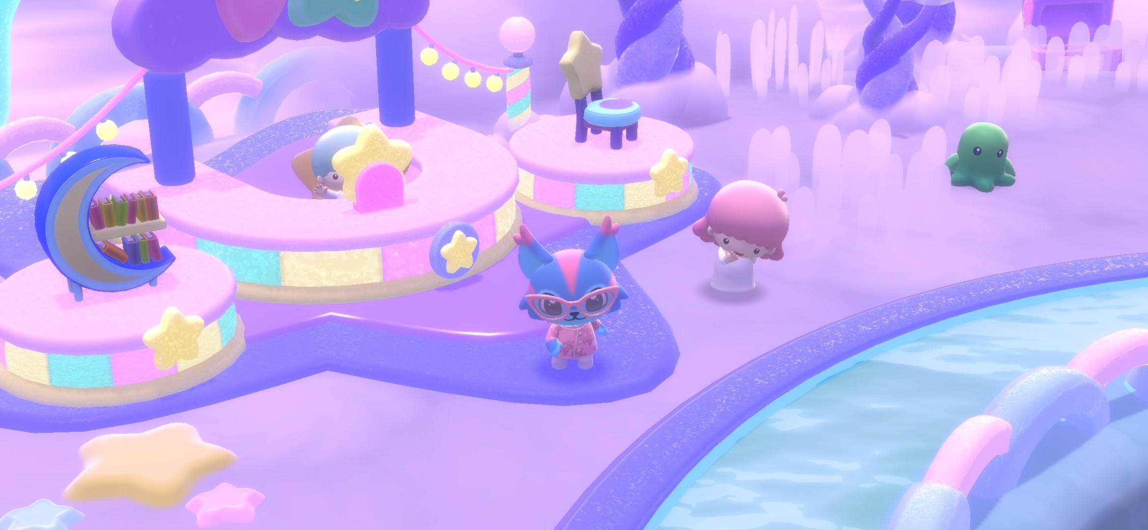 Hello Kitty Island Adventure avatar at the shop for Dreamy items on Cloud Island with Lala and Kiki.