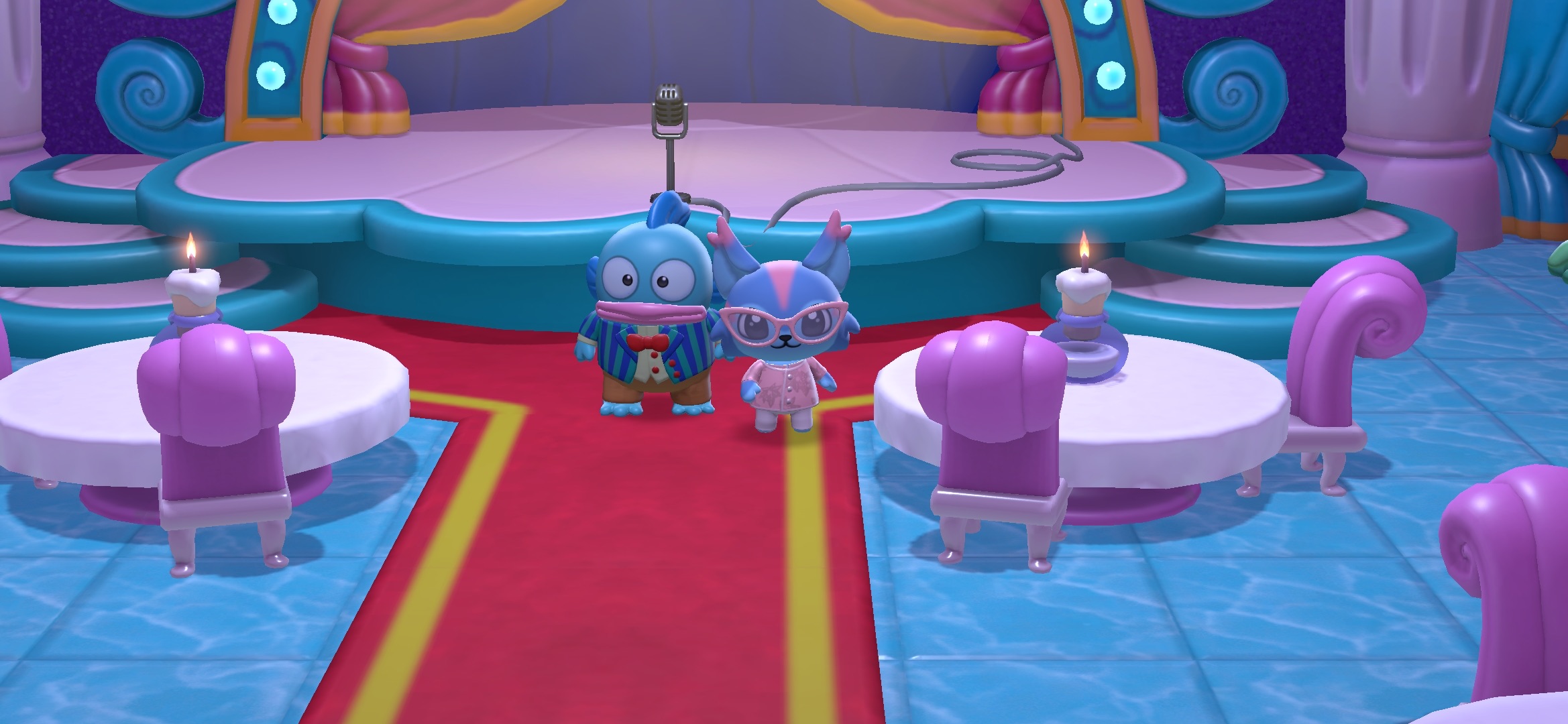 Hello Kitty Island Adventure avatar standing next to Hangyodon inside the Comedy Club for the 'Trashy Treasure Trove' quest.