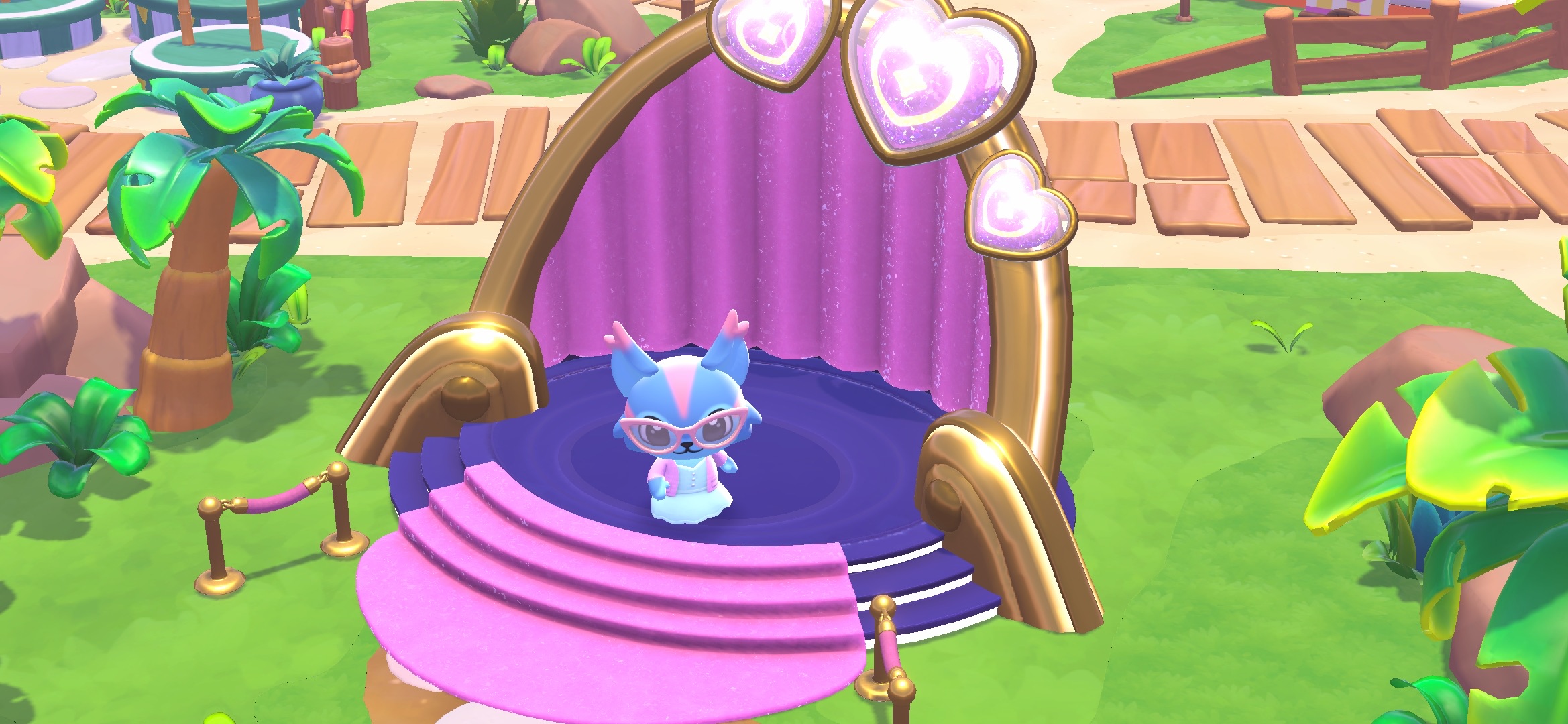 Hello Kitty Island Adventure avatar standing on the Friendship Festival stage in the plaza.