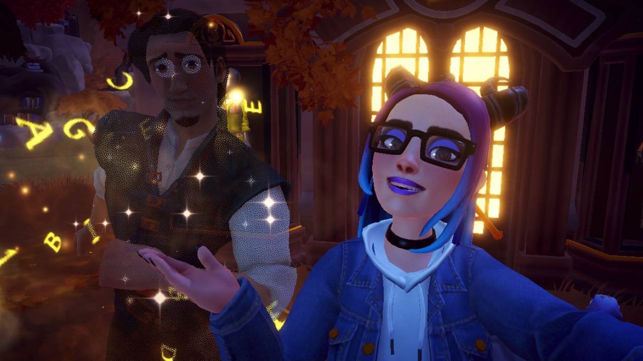 Disney Dreamlight Valley Avatar standing next to Flynn. Flynn is see-through and surrounded by a golden cloud with swirling golden letters.