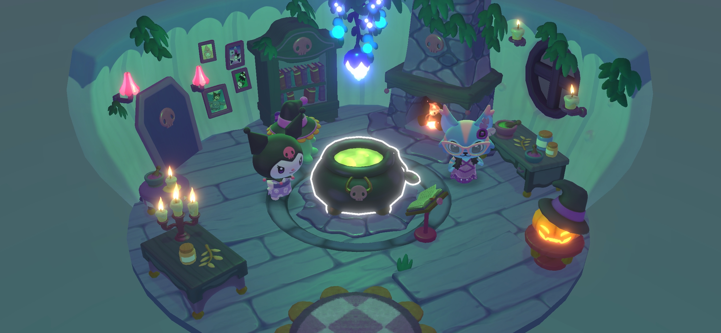 Hello Kitty Island Adventure avatar and Kuromi standing in Kuromi's pumpkin potion hut in the Spooky Swamp for 'Cursed Crates' quest.