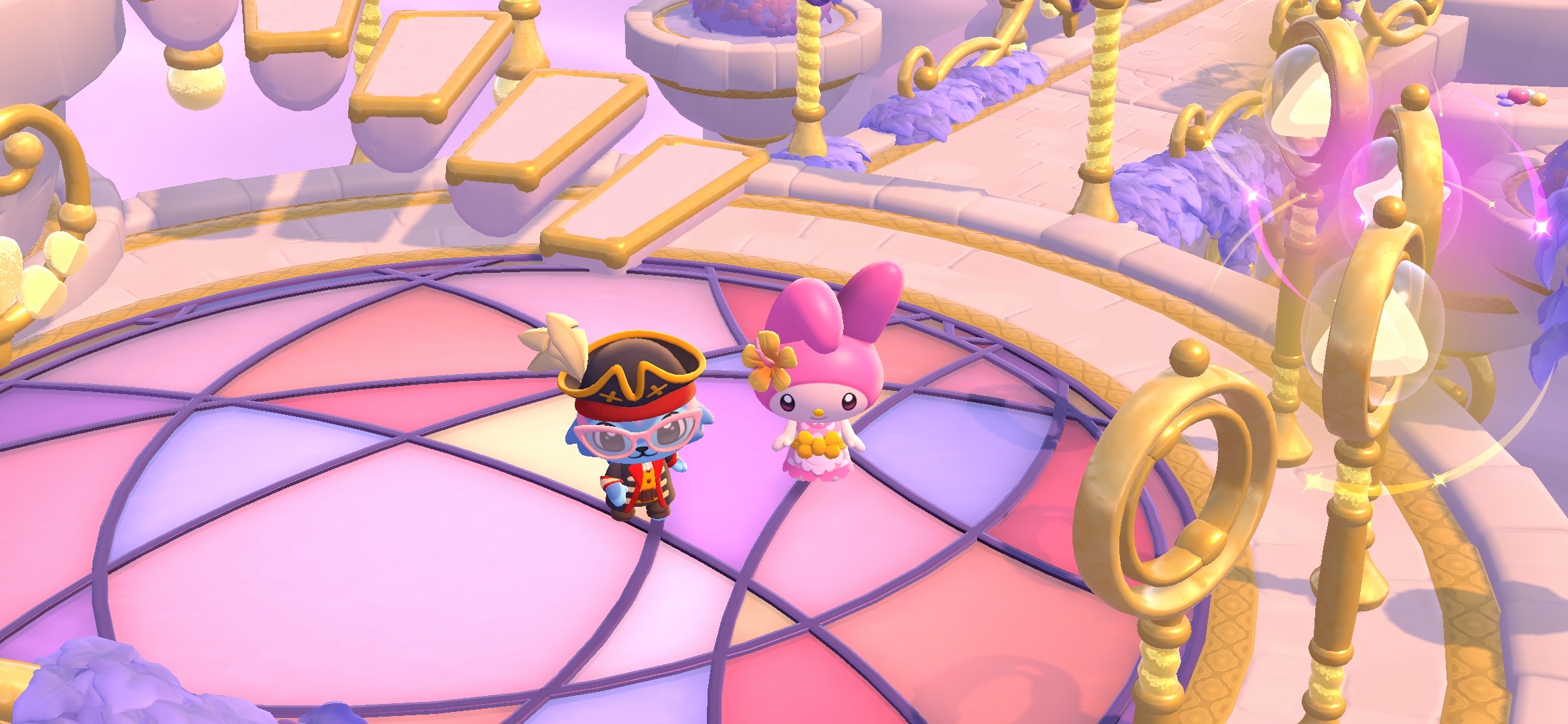 Hello Kitty Island Adventure avatar standing next to My Melody in Wheatflour Wonderland for the 'Small Friend, Big Gifts' quest.