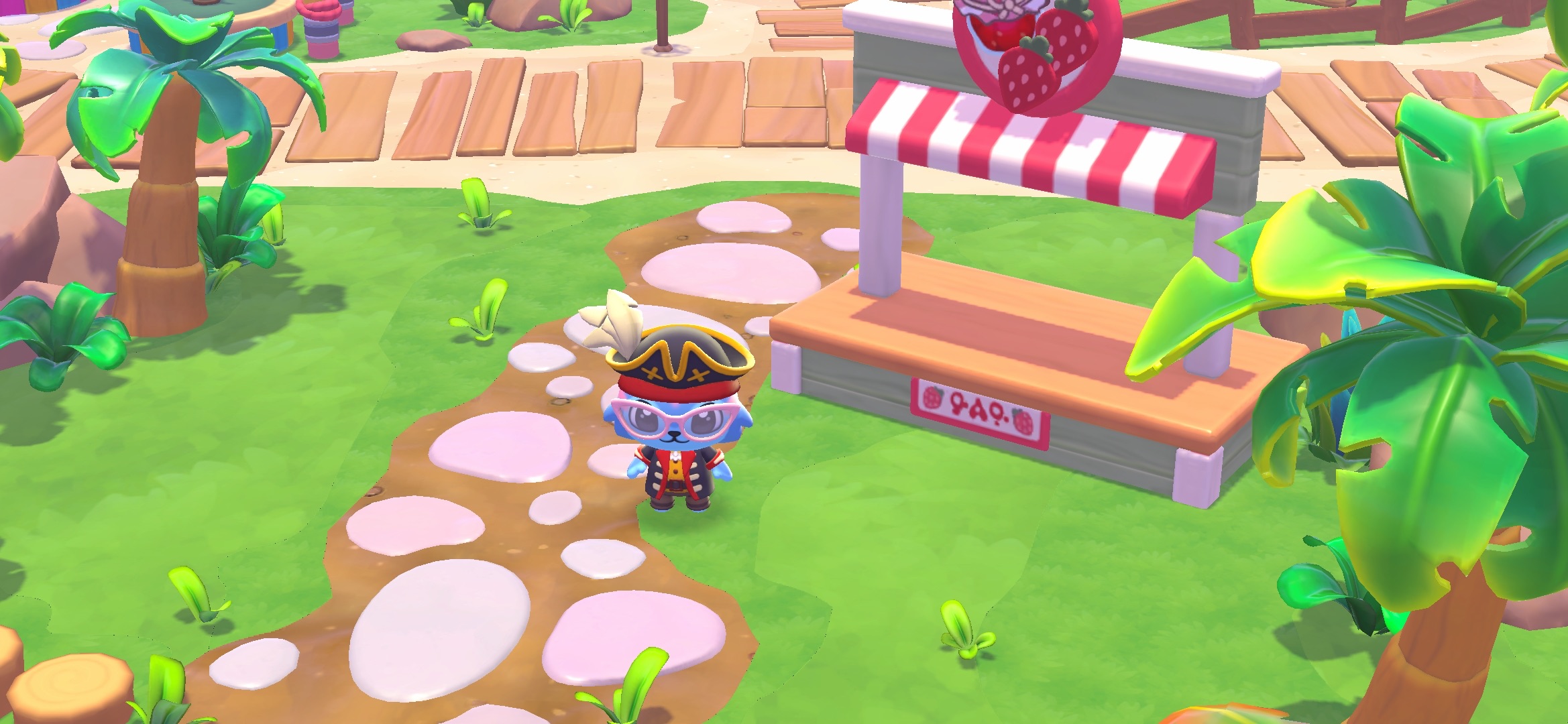 Hello Kitty Island Adventure avatar standing next to the Jam Jamboree event booth in the Resort Plaza.