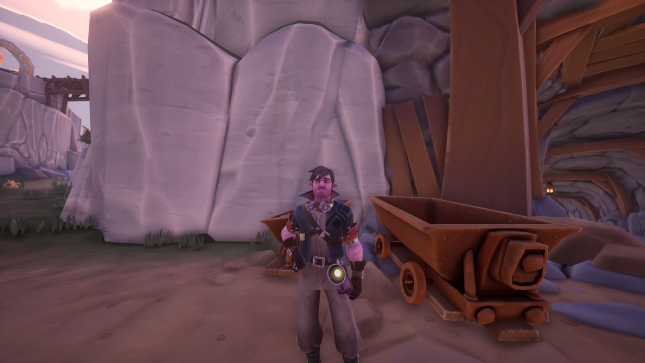 Palia character Hodari at the mine entrance for the 'Platinum Wedding Bells' quest.