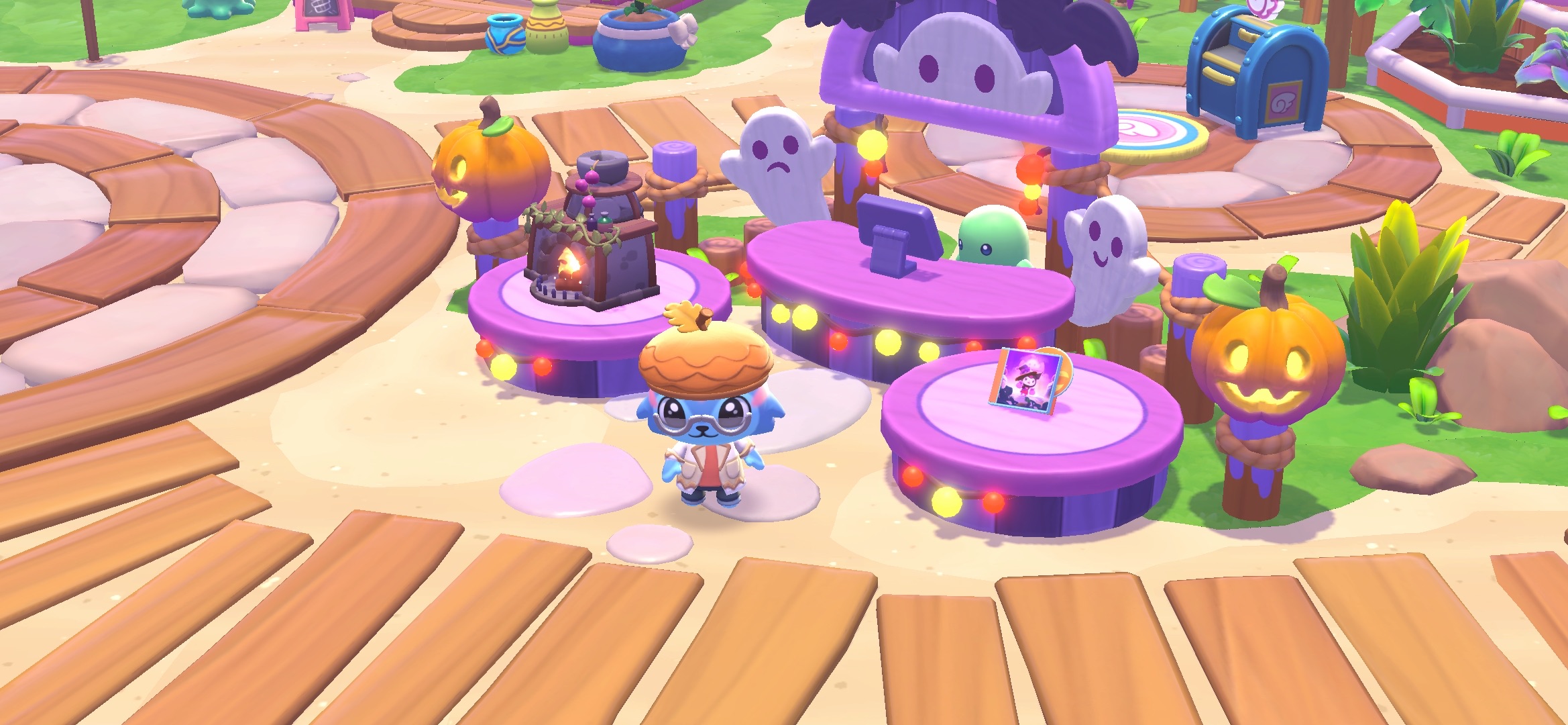 Hello Kitty Island Adventure avatar standing in front of the Spooky Celebration event booth in the plaza area.