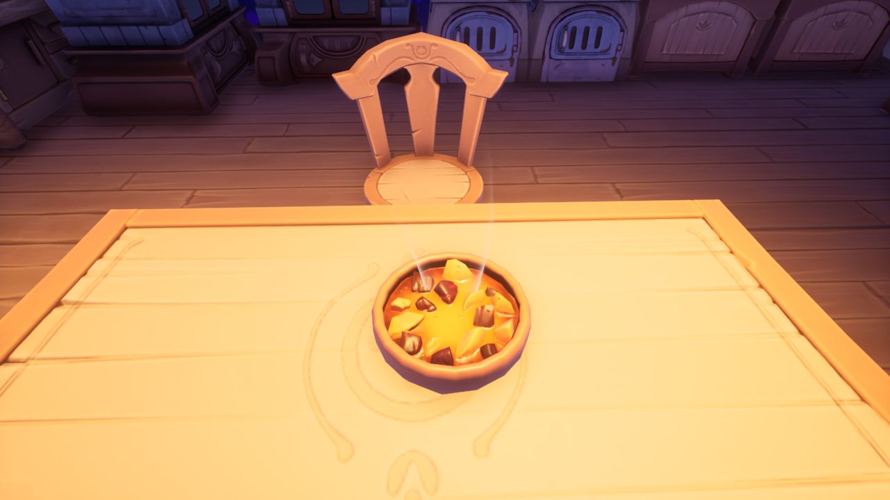 Palia game picture showing a bowl of Pumpkin Stew on a kitchen table.