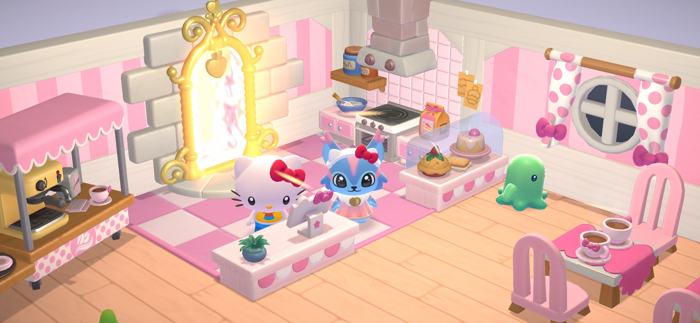 Hello Kitty Island Adventure avatar with Hello Kitty in the Hello Kitty Café.