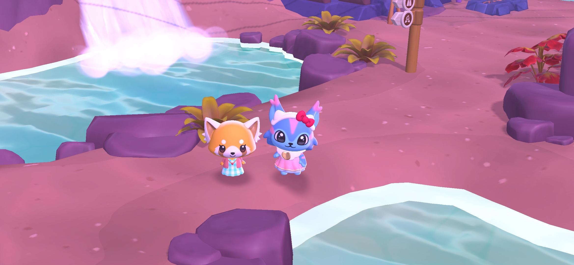 Hello Kitty Island Adventure avatar standing next to Retsuko during Retsuko's birthday event.