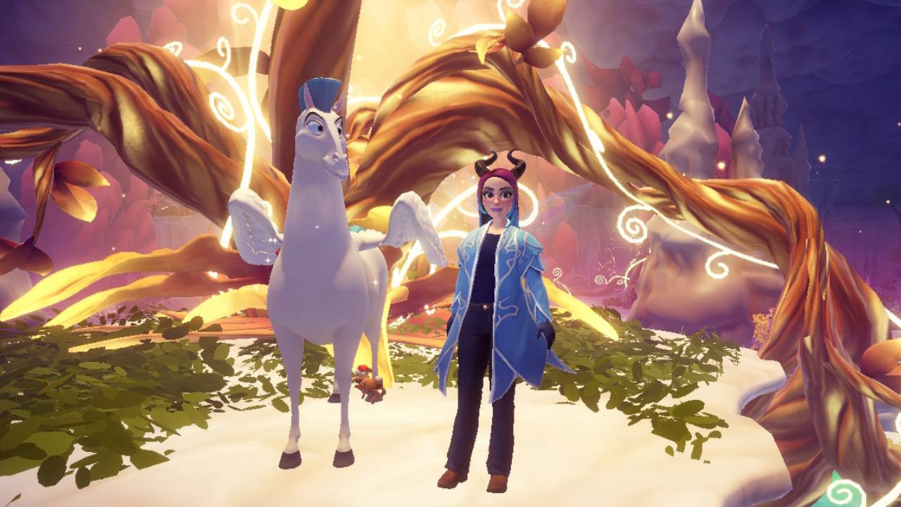 Disney Dreamlight Valley avatar standing next to Pegasus beneath the Wishblossom Heart flower.