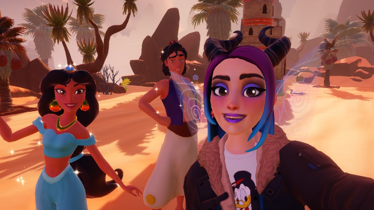 Disney Dreamlight Valley avatar with Jasmine and Aladdin. They are in the sandy dunes of The Wastes on Eternity Isle for the 'Rift In Time' expansion.
