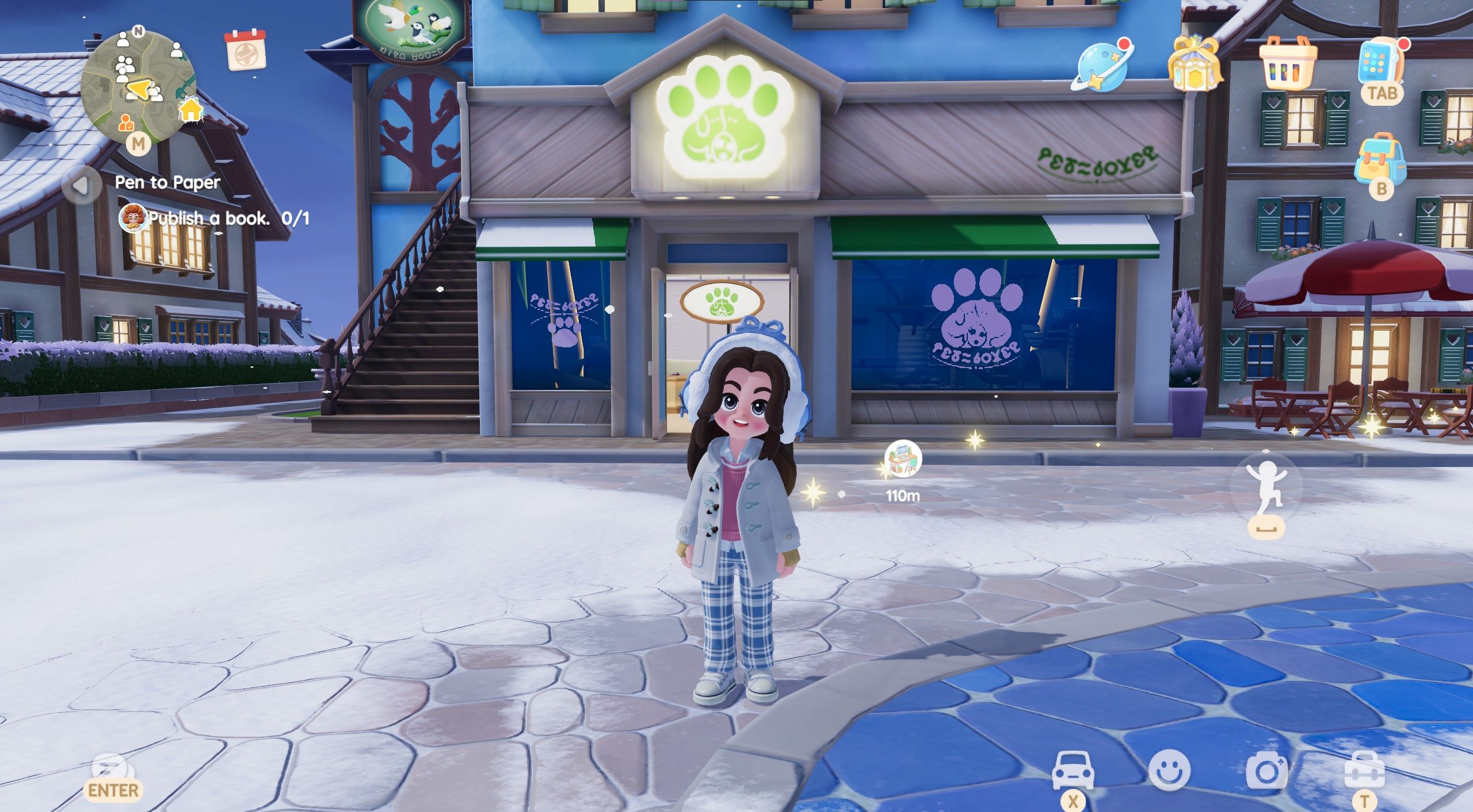 Heartopia pet shop entrance with a green paw print sign above the doorway.