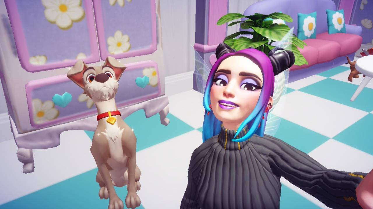 Disney Dreamlight Valley avatar standing next to Tramp inside Daisy's home.