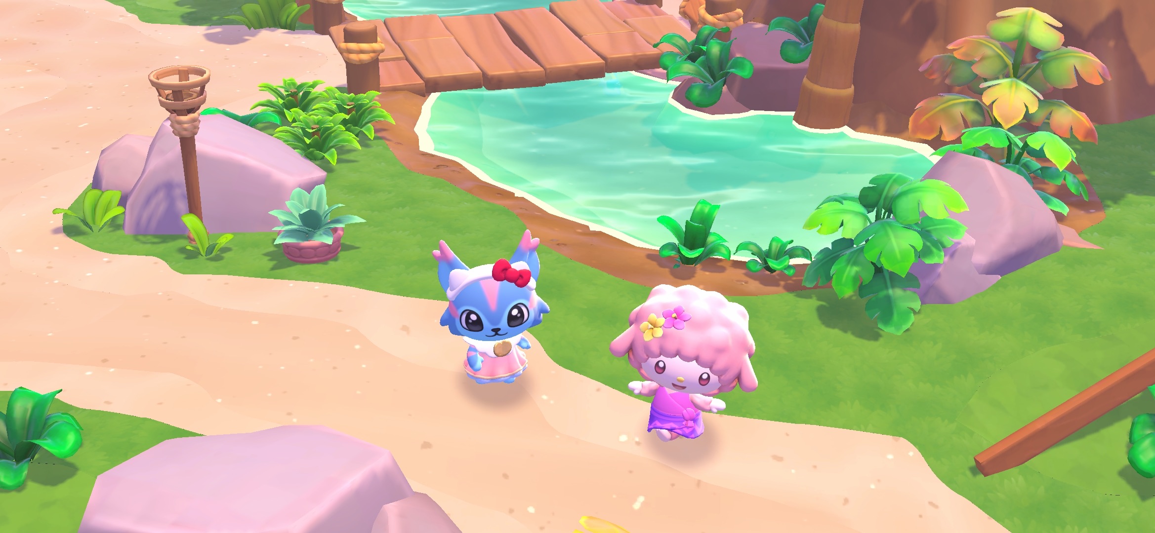 Hello Kitty Island Adventure avatar with My Sweet Piano in Seaside Resort. A pond can be seen in the background.