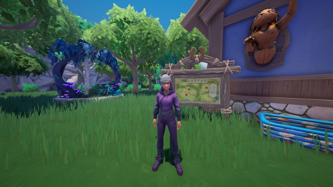 Palia avatar is standing next to a Stables Board placed on their personal housing plot.