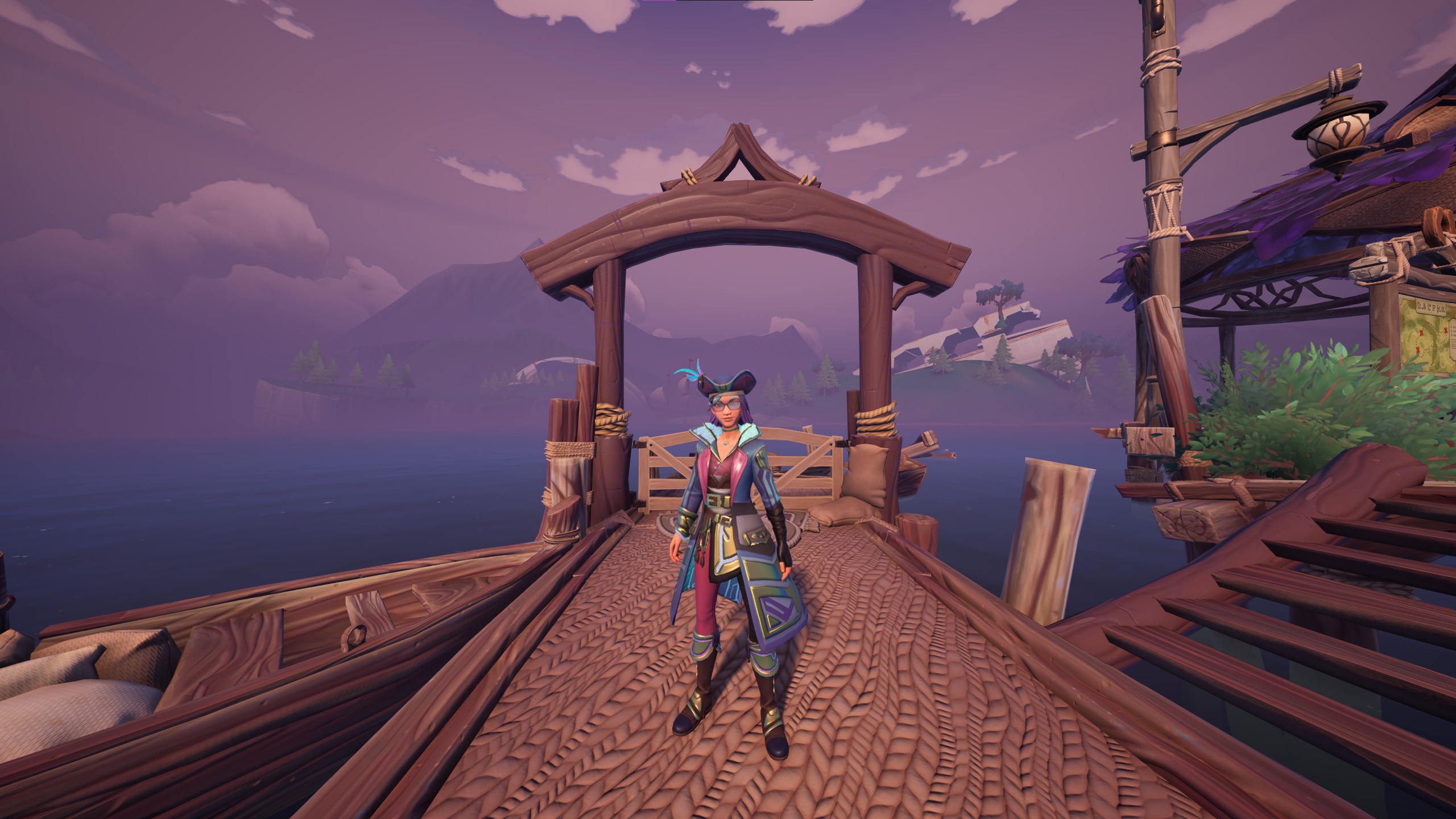 Palia avatar standing in front of a gate at the De Mer docks in the Elderwood. The gate leads to the new Royal Highlands area.