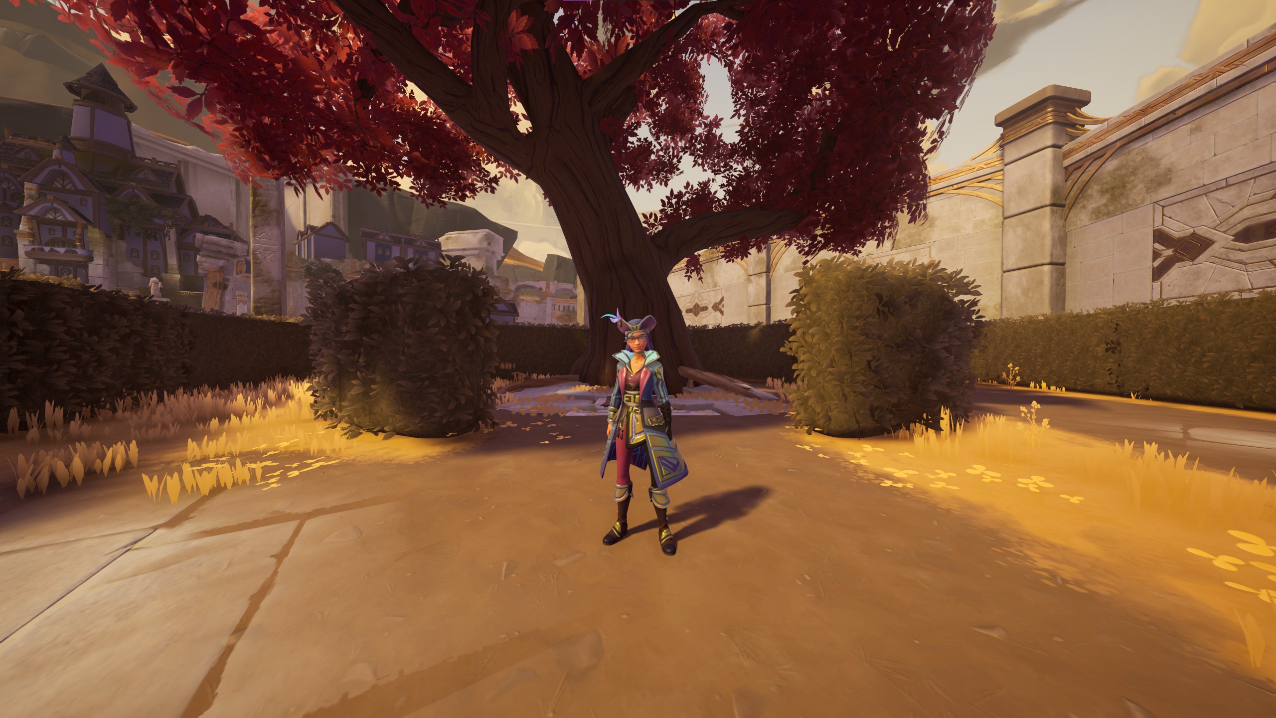 Palia avatar standing in the center of the Palace grounds hedge maze for 'The Flames of Ambition' quest.
