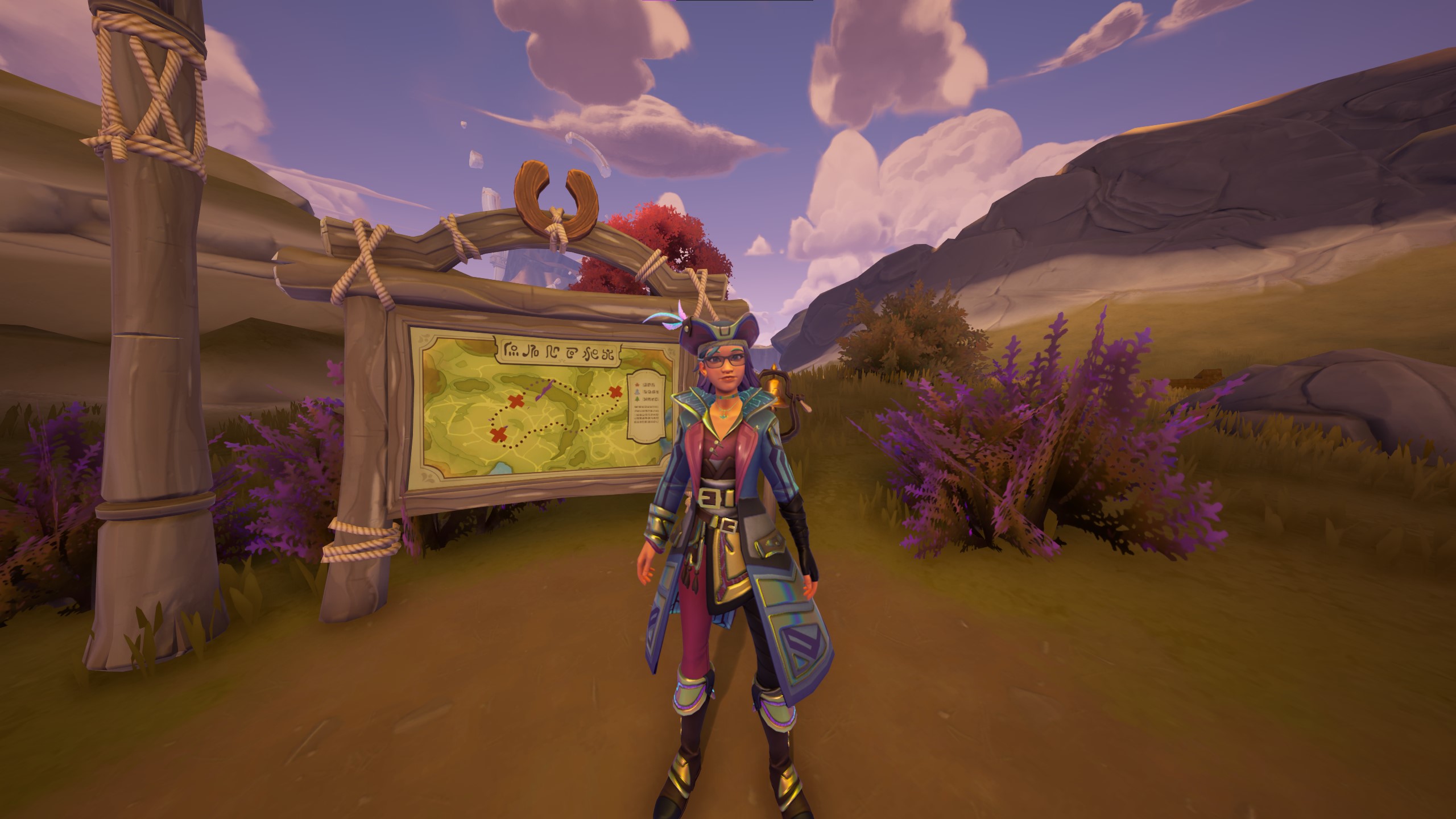 Palia avatar standing at the Royal Highlands Central Stables travel board in-game.