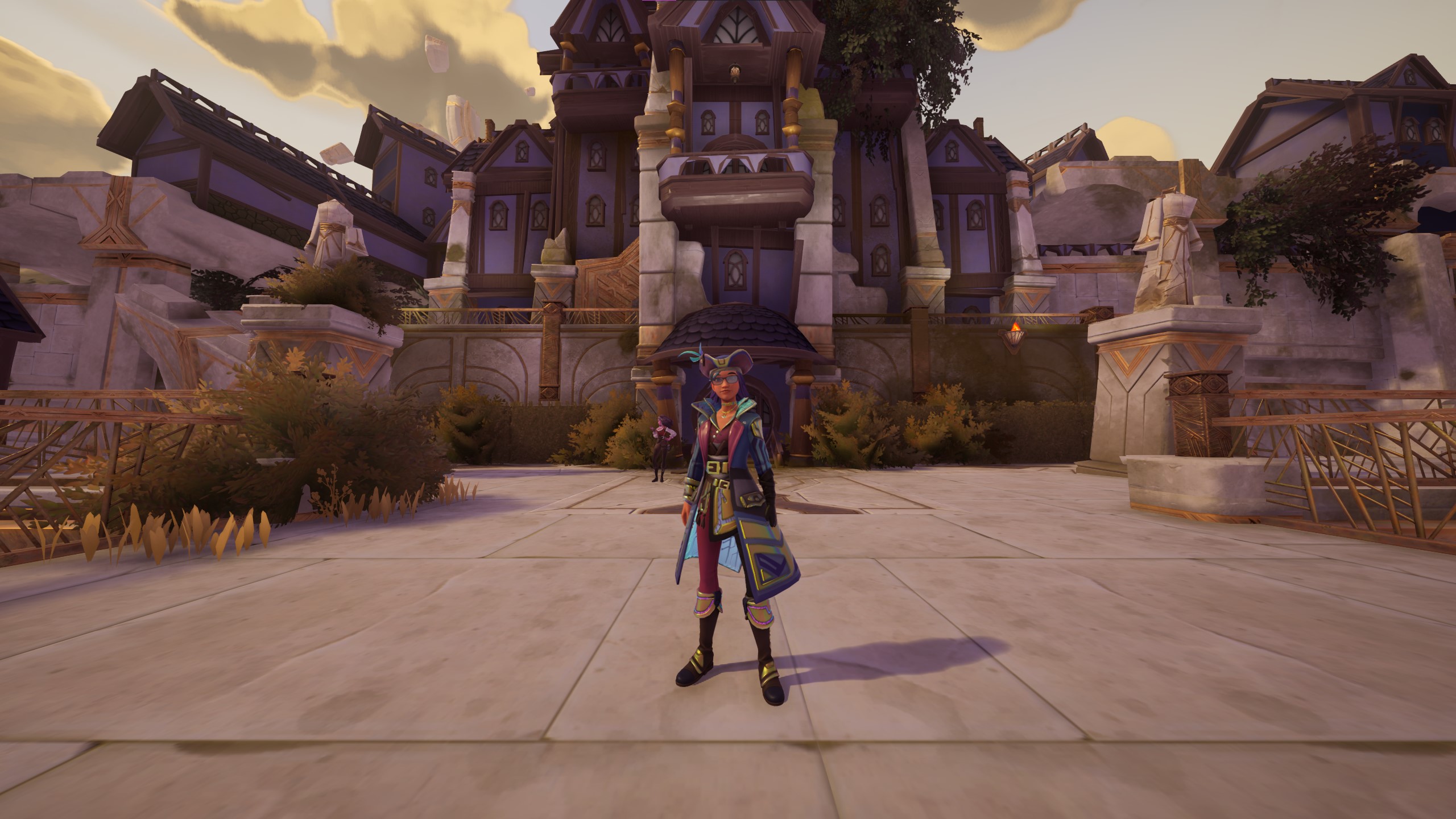Palia avatar standing in front of the Palace in the Royal Highlands area, where 'The Lion And The Lamb' quest mostly takes place.