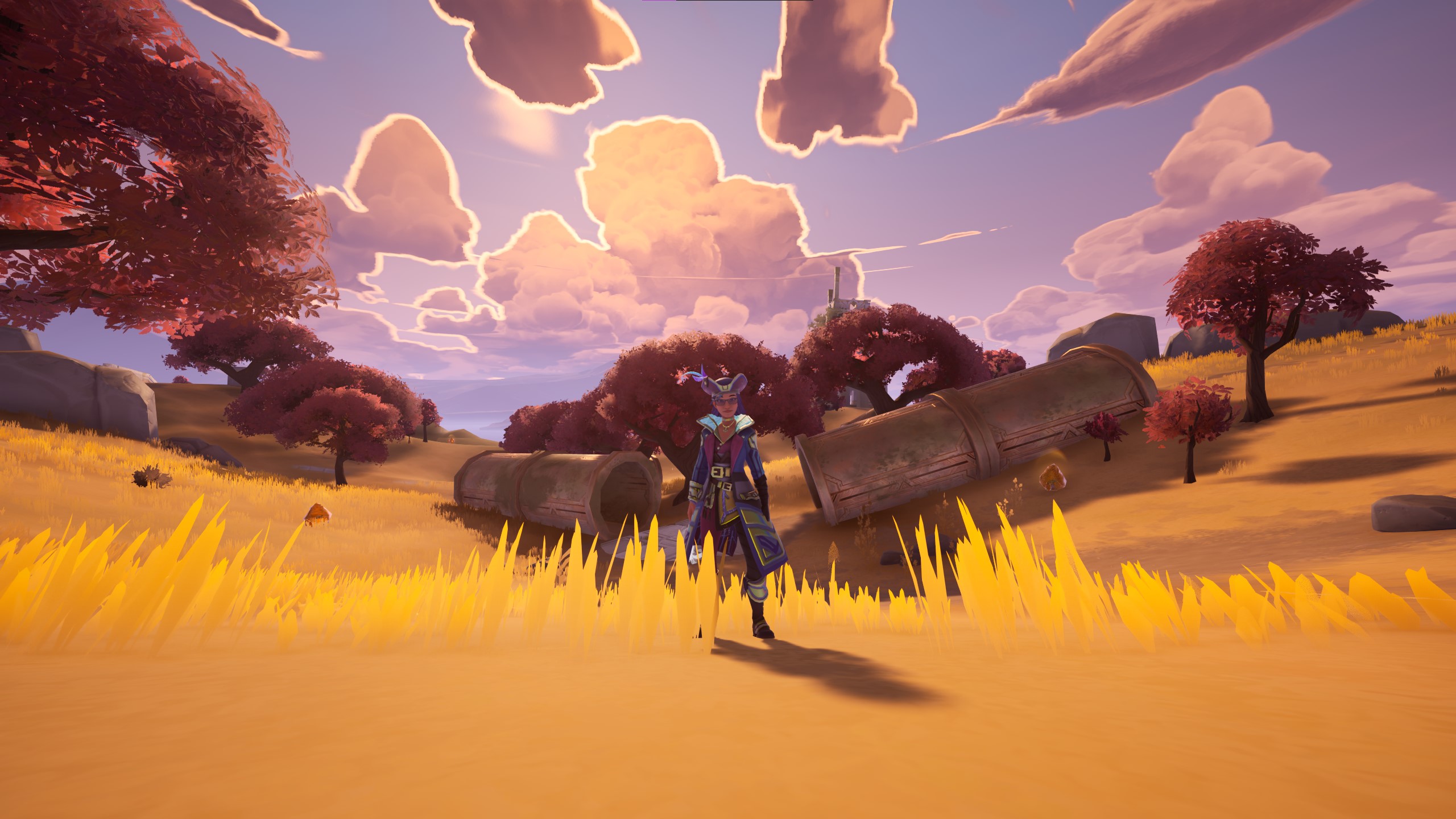 Palia avatar standing in a golden field in the Royal Highlands with ruins in the background and sunlit clouds in the sky.