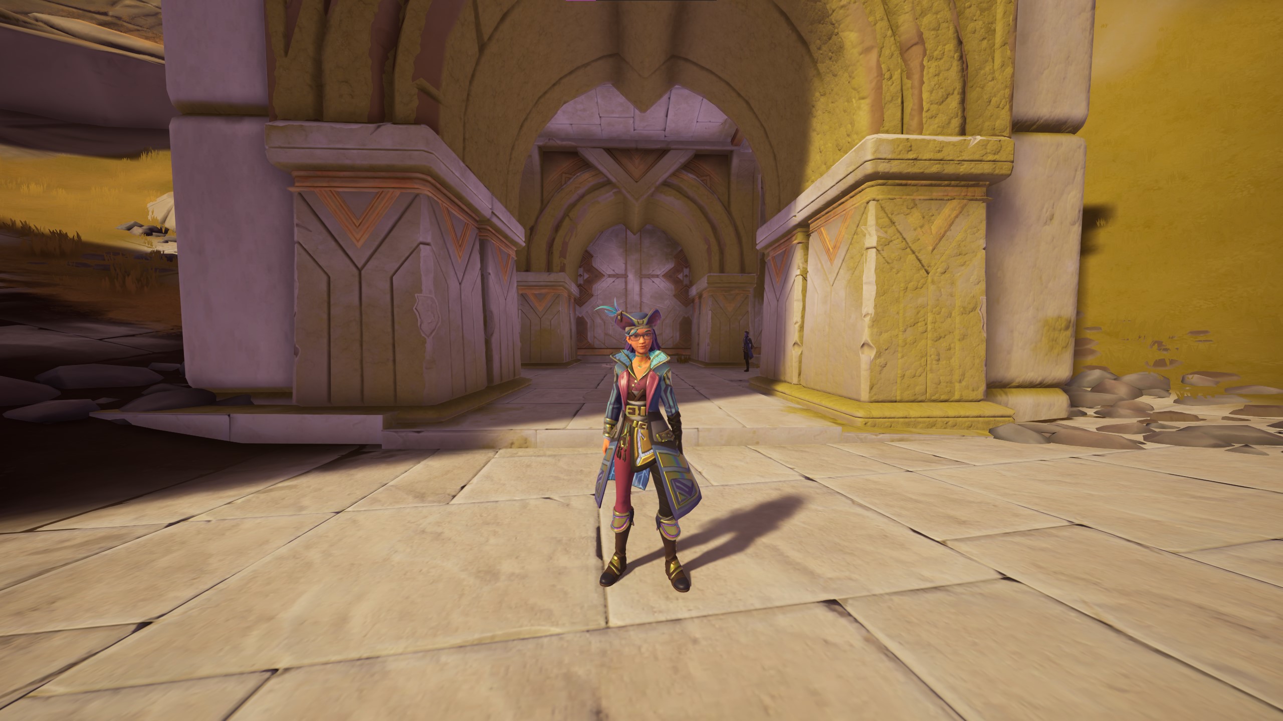 Palia avatar standing in front of a church arched entryway in the Royal Highlands for the 'Somewhere That's Green' quest.