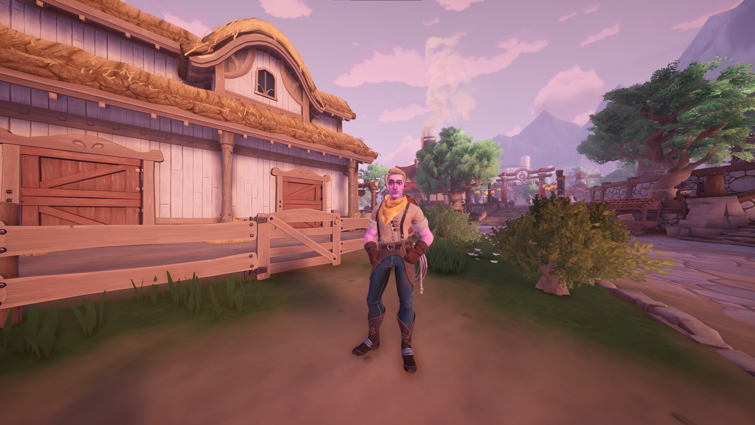 Palia character Nai'o near the stables in Kilima Village for the Dawnspur Domesticity Bulletin Board Bundles.