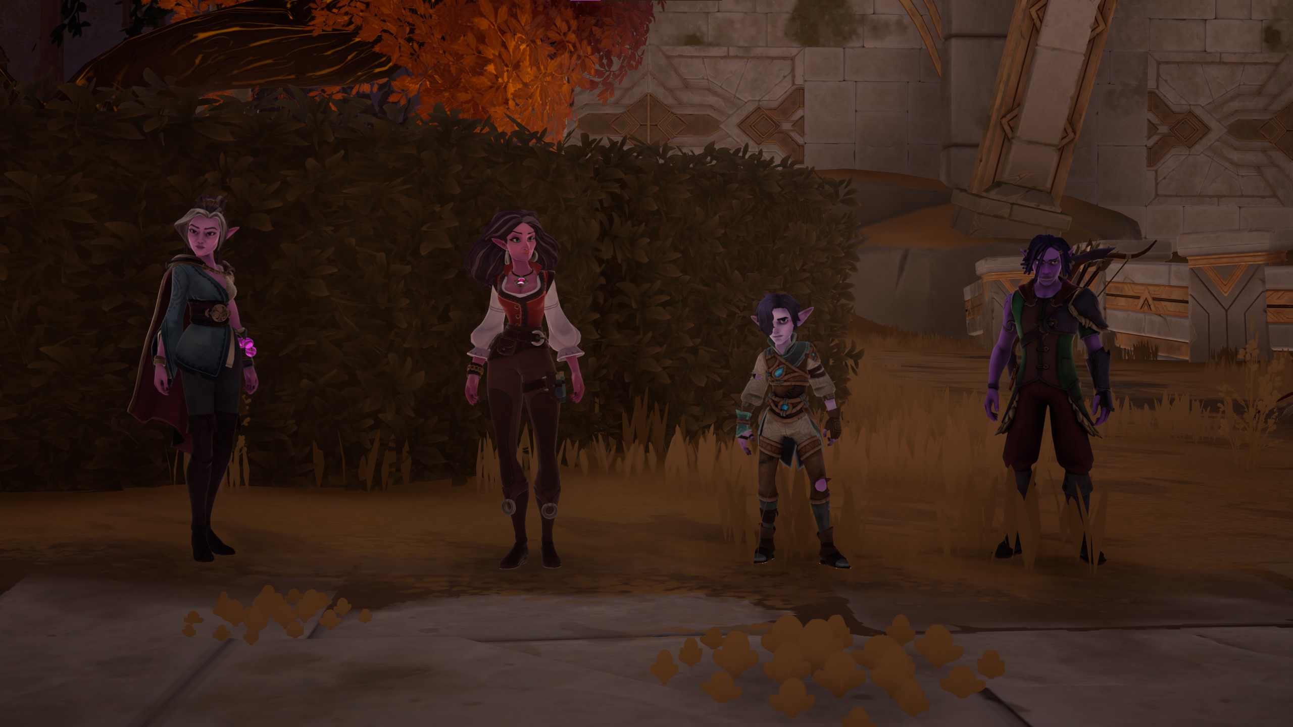 Palia characters Subira, Tamala, Hassian, and Ulfe together during the 'Administrative Access' quest.
