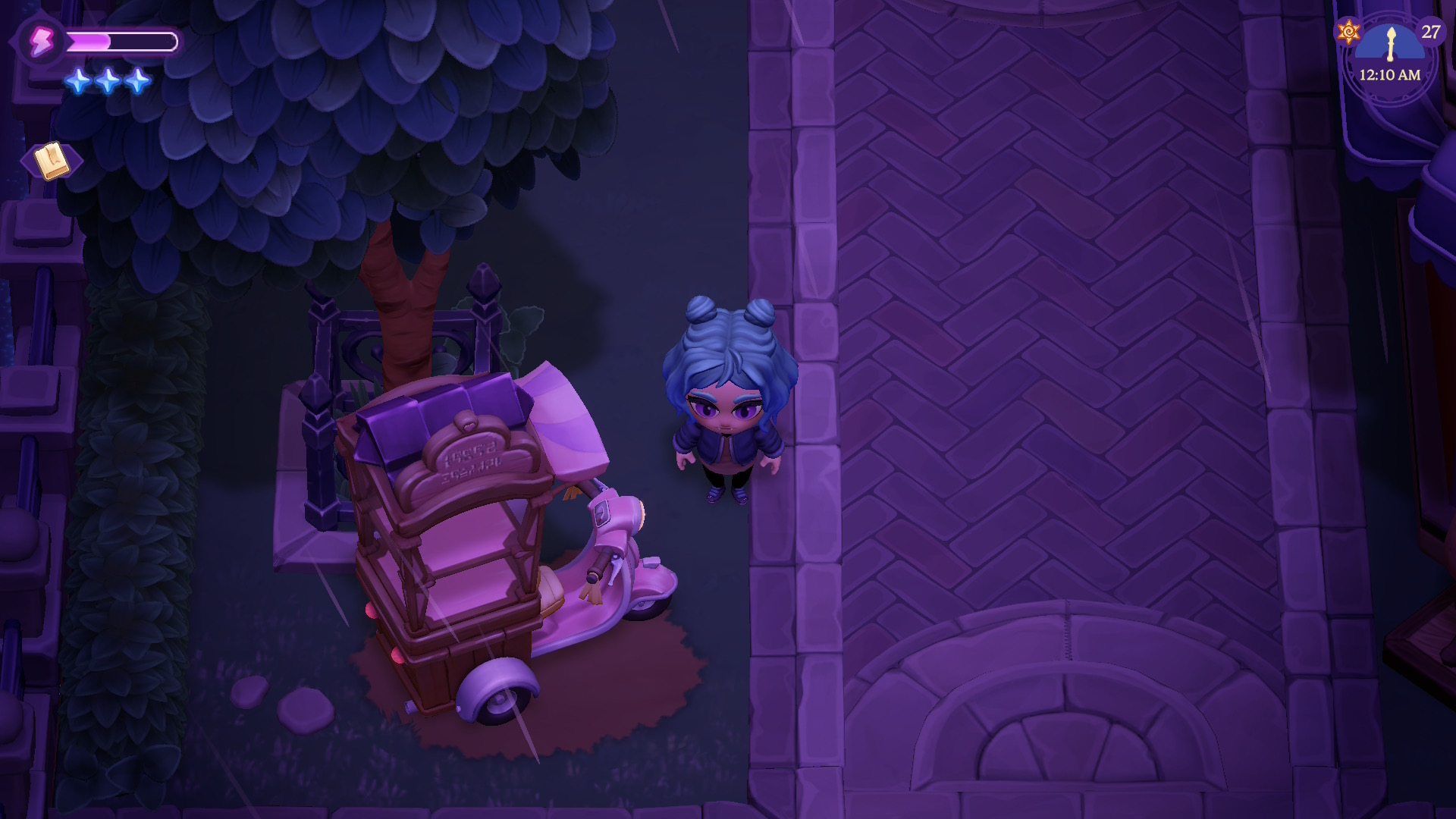 Moonlight Peaks avatar stands next to a pink Scooter with storage shelves on it for the 'Museum In The Making' quest.