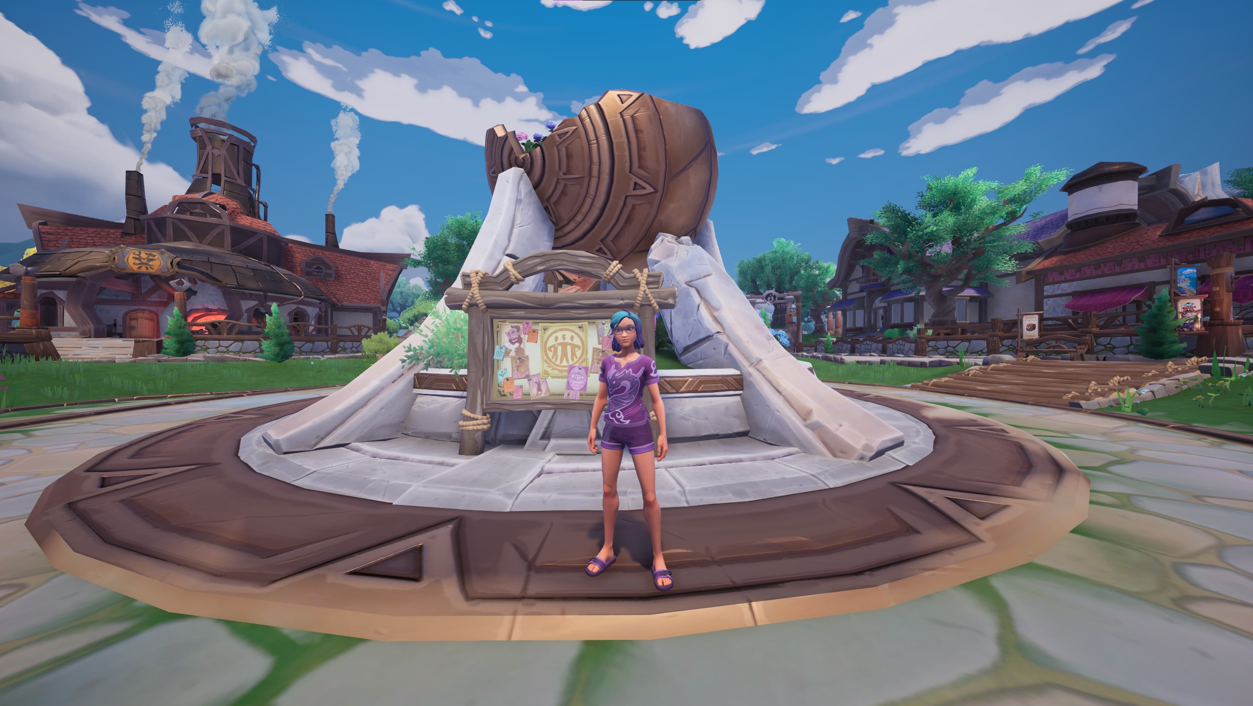 Palia avatar dressed in shorts and a t-shirt stands in front of the Bulletin Board in Kilima Village. The 0.205 patch offers 4 new Bundles to complete.