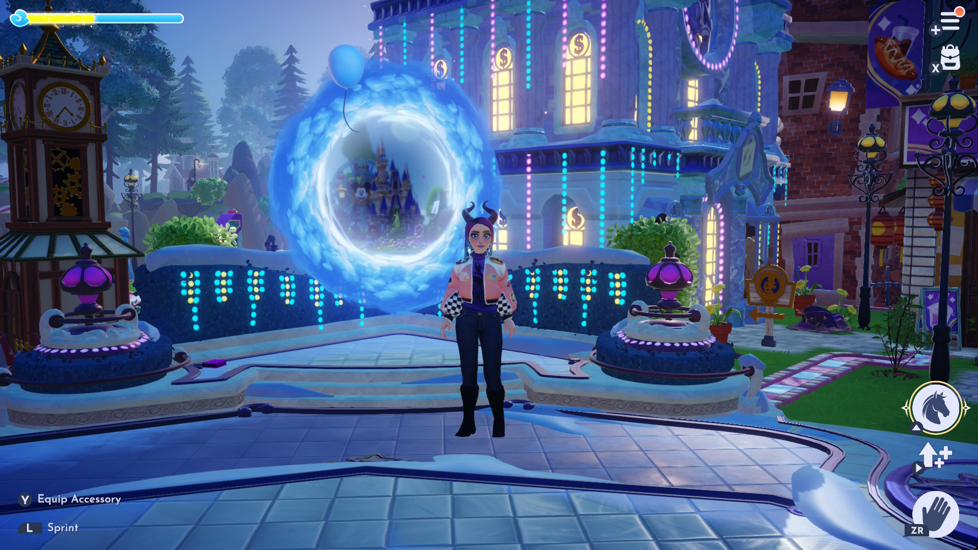 Disney Dreamlight Valley avatar stands in the Plaza next to the Parks Floating Festival 2026 portal.