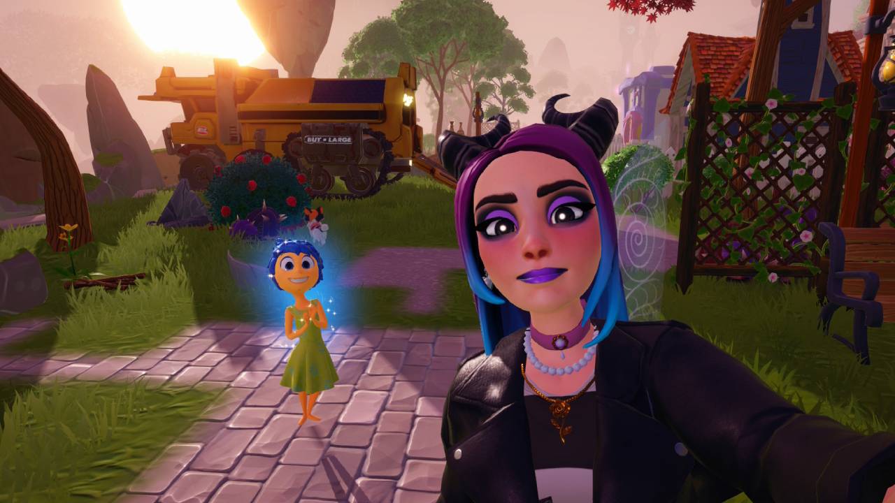 Disney Dreamlight Valley taking a selfie in the valley with Joy. WALL-E's house can be seen in the background.