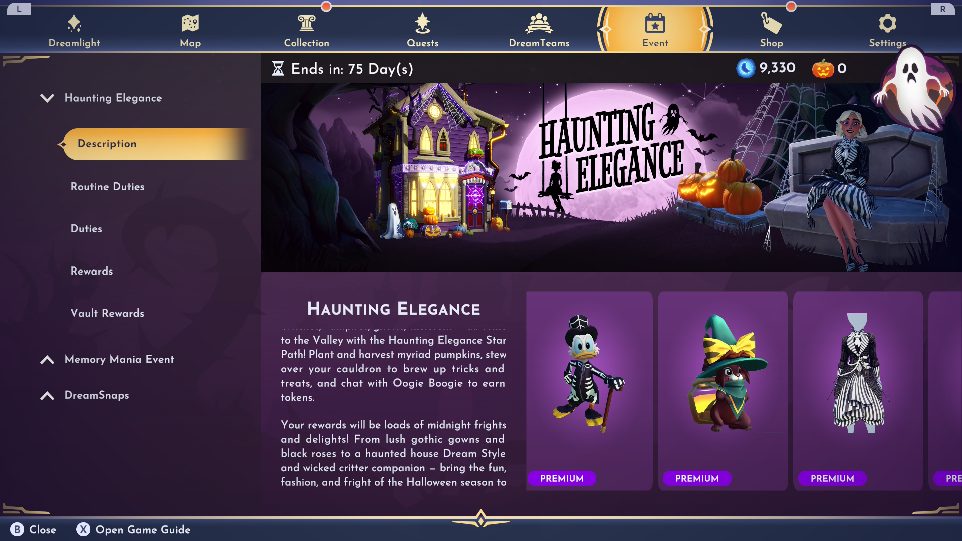 Disney Dreamlight Valley Haunting Elegance Star Path description from the 'Event' section of the main menu.
