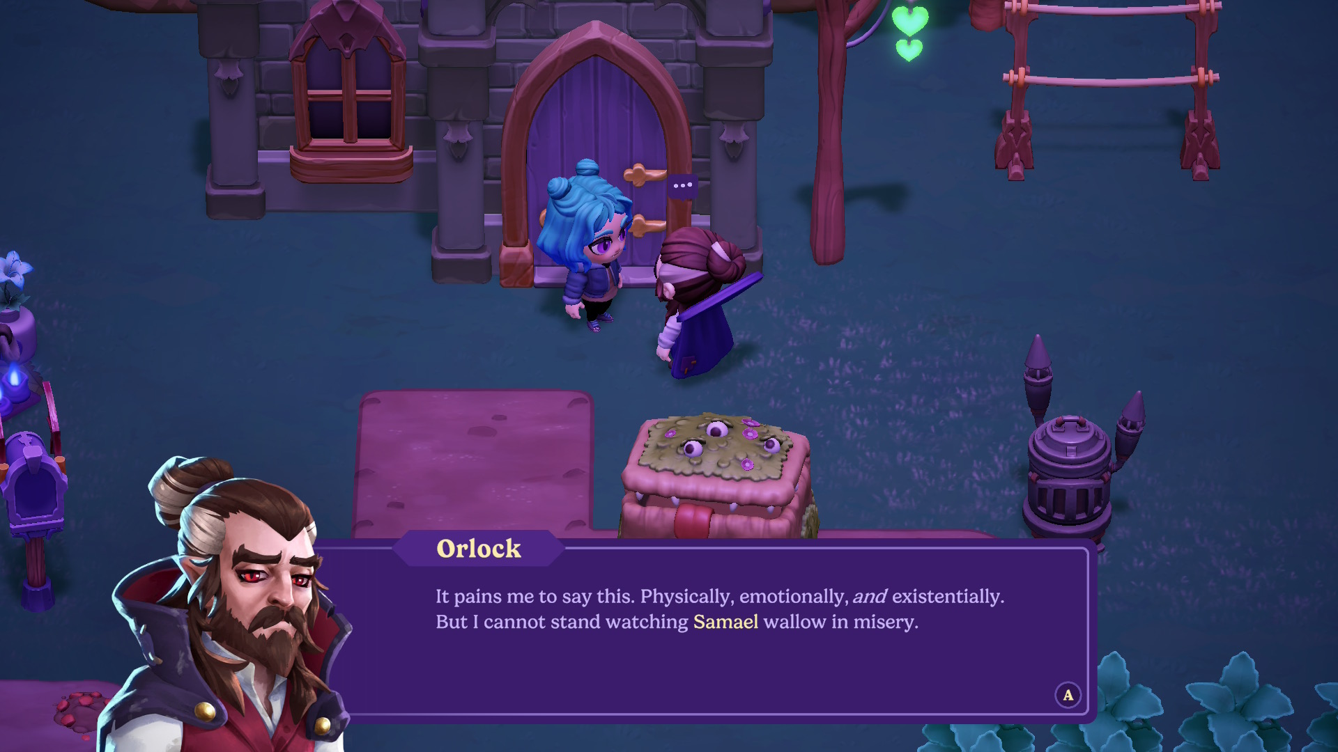 Moonlight Peaks avatar leaves their house to find Orlock waiting for them. A conversation box appears with Orlock's portrait on the bottom left. The avatar's house can be seen in the background.
