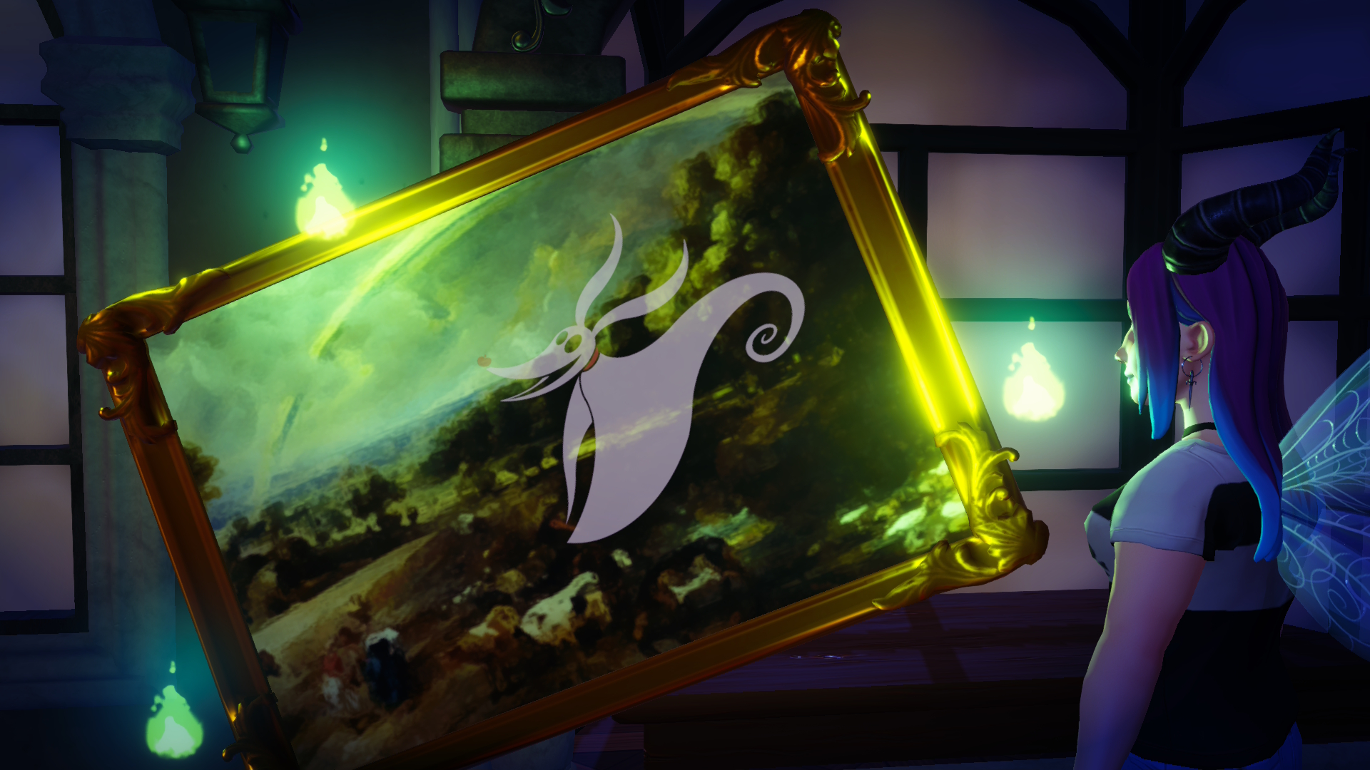 Disney Dreamlight Valley avatar stands in Oogie Boogie's Mirror Lair with a Haunted Portrait for 'The Ghost In The Portrait' quest.