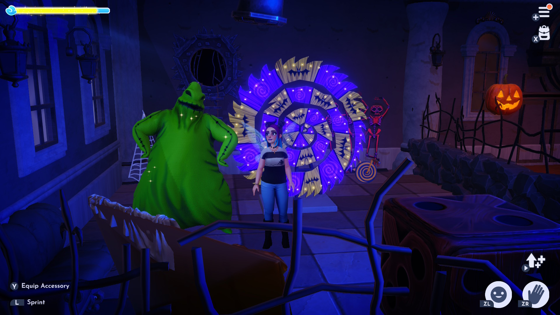 Disney Dreamlight Valley avatar stands in the Mirror Lair with Oogie Boogie. The Lucky Wheel can be seen behind them, though the overall lighting in the image is very dark.